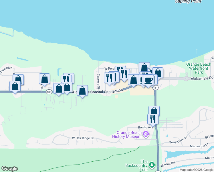 map of restaurants, bars, coffee shops, grocery stores, and more near 25595 Canal Road in Orange Beach