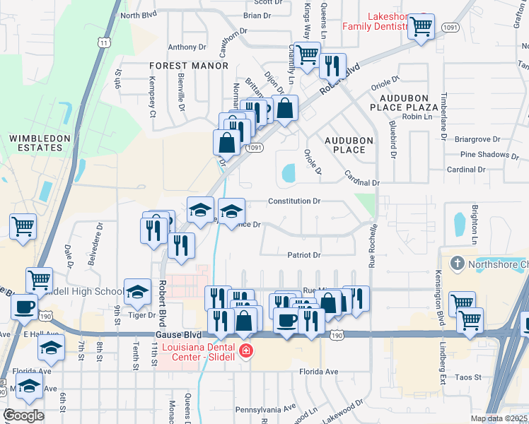 map of restaurants, bars, coffee shops, grocery stores, and more near 805 Hancock Court in Slidell
