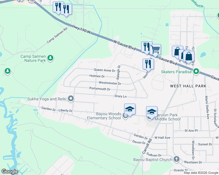 map of restaurants, bars, coffee shops, grocery stores, and more near 310 Portsmouth Drive in Slidell