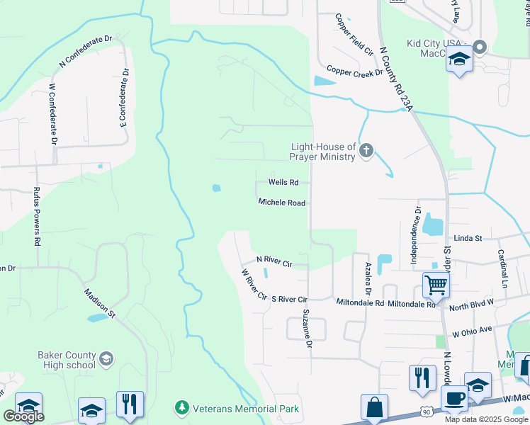 map of restaurants, bars, coffee shops, grocery stores, and more near 6186 Michele Road in Macclenny