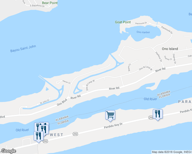 map of restaurants, bars, coffee shops, grocery stores, and more near 30339 Ono North Loop West in Orange Beach