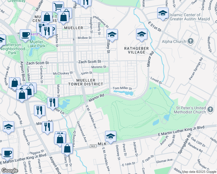 map of restaurants, bars, coffee shops, grocery stores, and more near 3802 Tilley Street in Austin