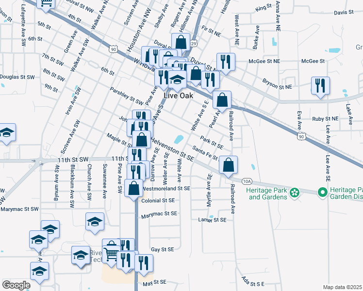 map of restaurants, bars, coffee shops, grocery stores, and more near 412 Santa Fe Street South East in Live Oak