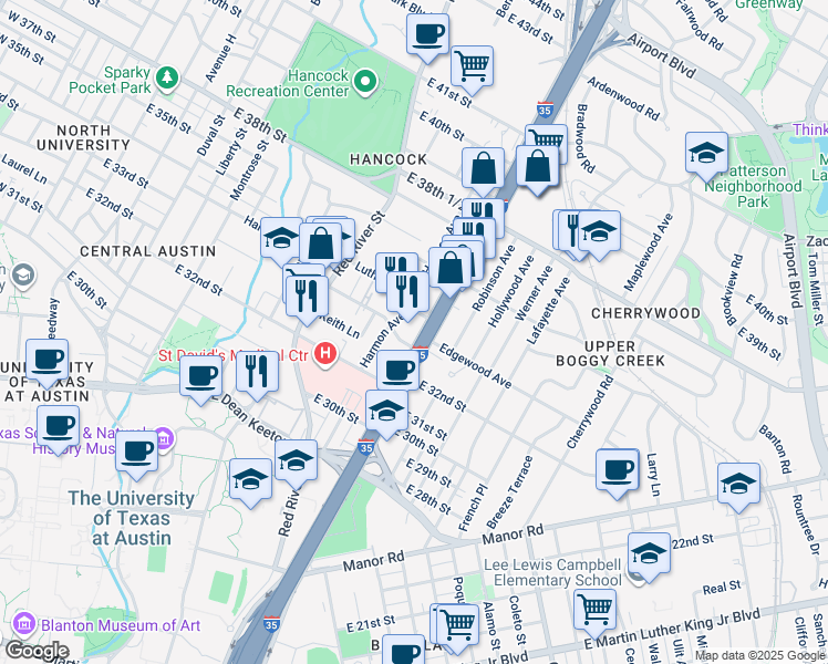 map of restaurants, bars, coffee shops, grocery stores, and more near 3300 North Interstate Highway 35 in Austin