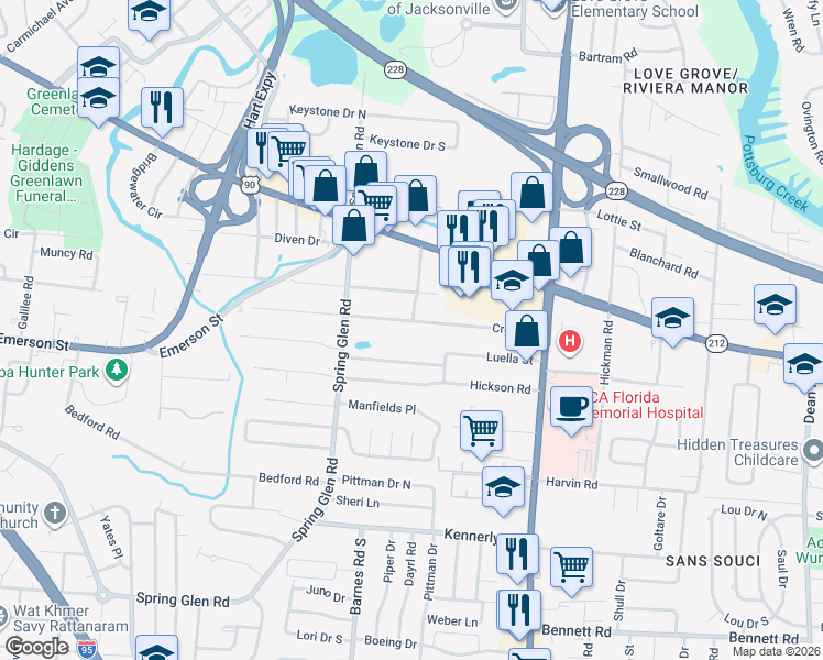 map of restaurants, bars, coffee shops, grocery stores, and more near 5544 Cruz Road in Jacksonville