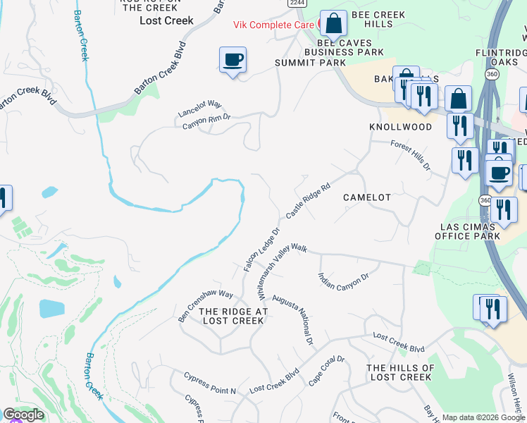 map of restaurants, bars, coffee shops, grocery stores, and more near 1112 Falcon Ledge Drive in Austin