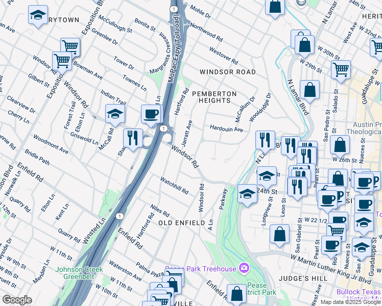 map of restaurants, bars, coffee shops, grocery stores, and more near 2400 Harris Boulevard in Austin