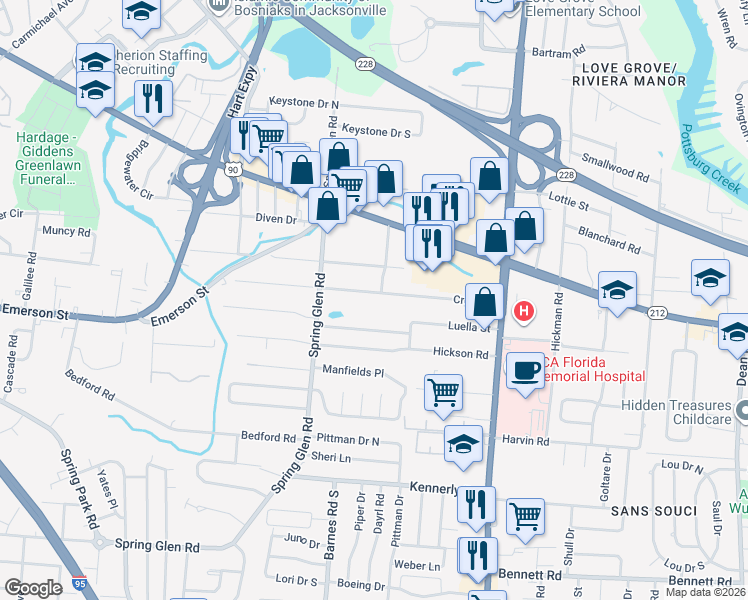 map of restaurants, bars, coffee shops, grocery stores, and more near 5544 Cruz Road in Jacksonville