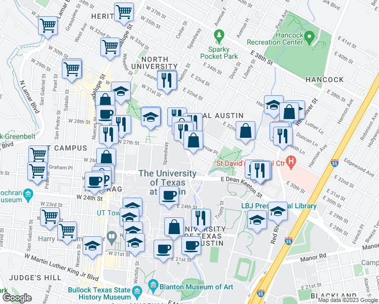 map of restaurants, bars, coffee shops, grocery stores, and more near Duval St & Elmwood Pl in Austin