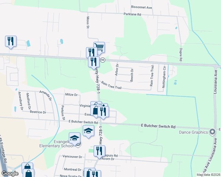 map of restaurants, bars, coffee shops, grocery stores, and more near 603 Rain Tree Trail in Lafayette