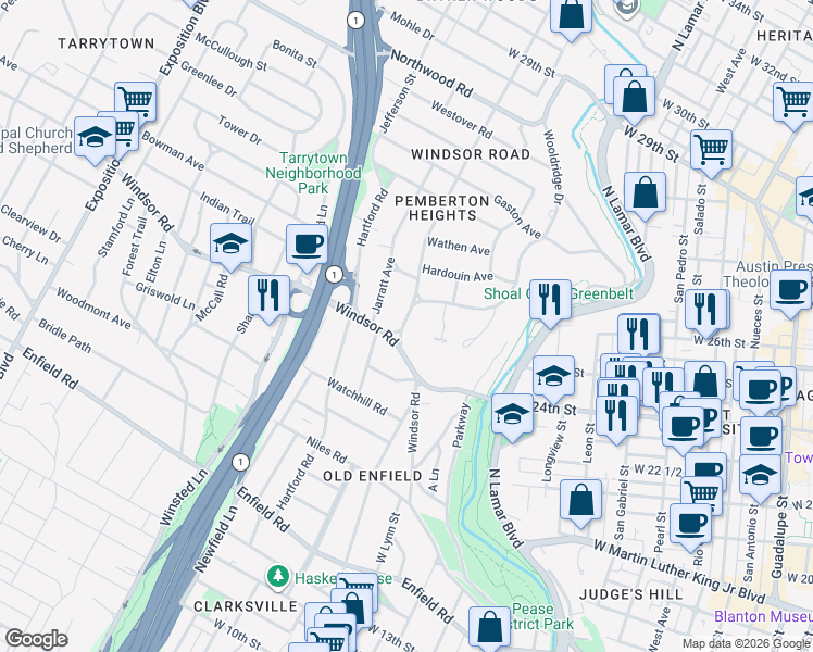 map of restaurants, bars, coffee shops, grocery stores, and more near 2401 Harris Boulevard in Austin