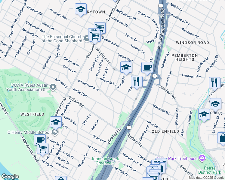 map of restaurants, bars, coffee shops, grocery stores, and more near 1710 McCall Road in Austin