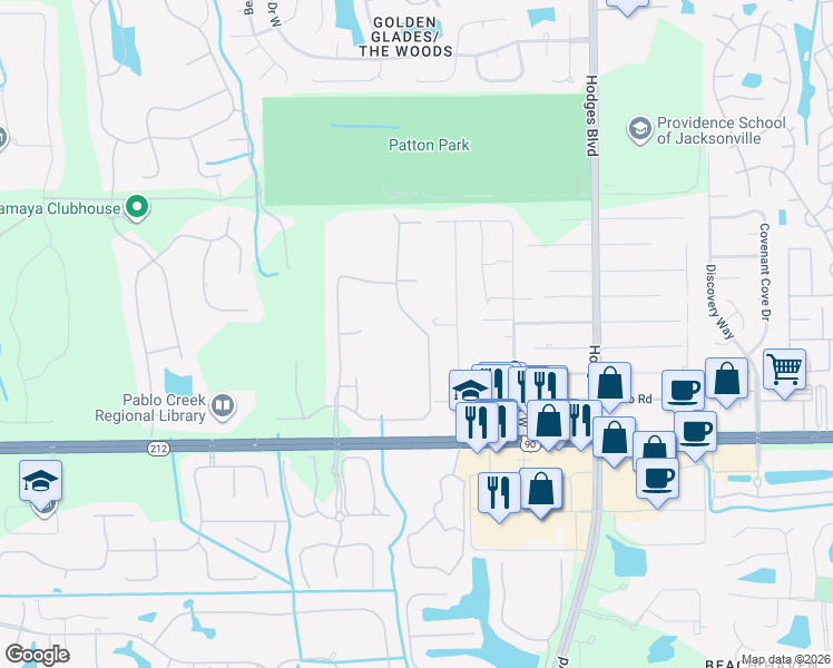 map of restaurants, bars, coffee shops, grocery stores, and more near 2956 Montilla Drive in Jacksonville