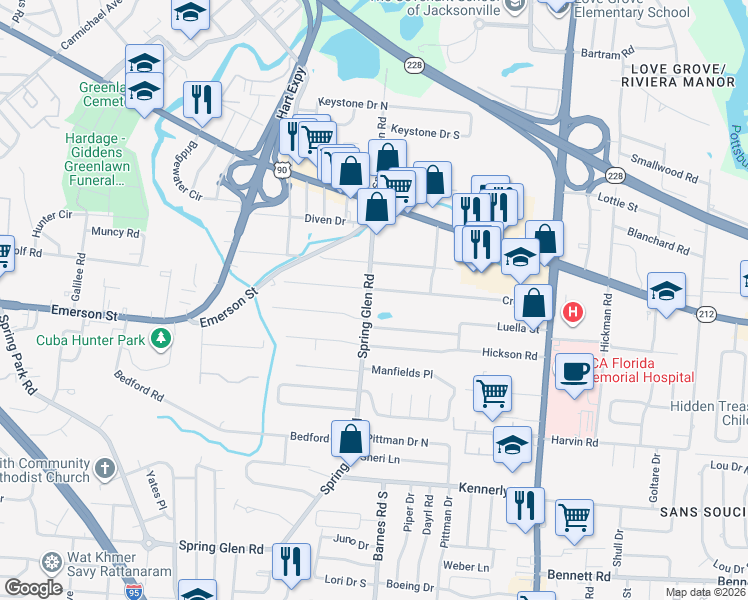 map of restaurants, bars, coffee shops, grocery stores, and more near 5444 Cruz Road in Jacksonville