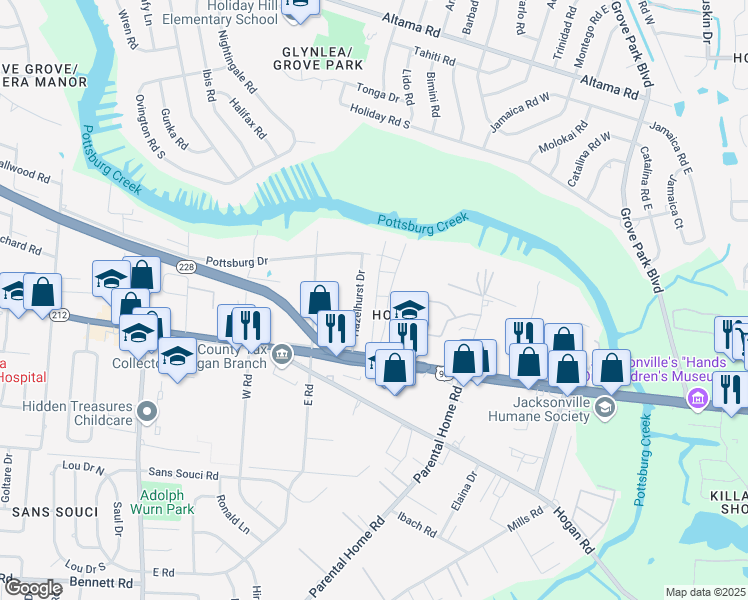 map of restaurants, bars, coffee shops, grocery stores, and more near 1714 El Prado Road in Jacksonville