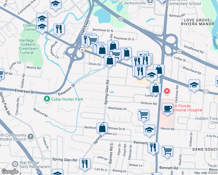 map of restaurants, bars, coffee shops, grocery stores, and more near 5444 Cruz Road in Jacksonville