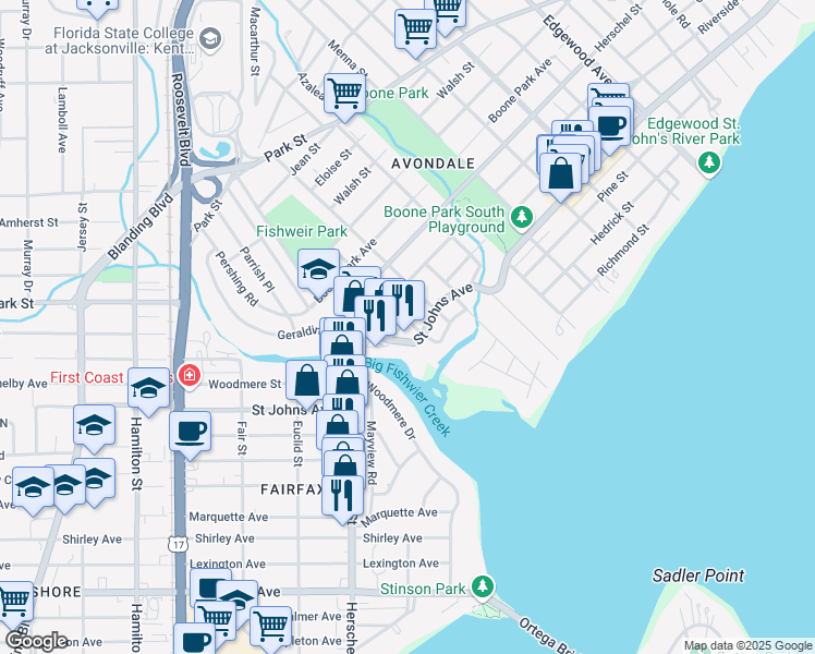 map of restaurants, bars, coffee shops, grocery stores, and more near 3935 Saint Johns Avenue in Jacksonville