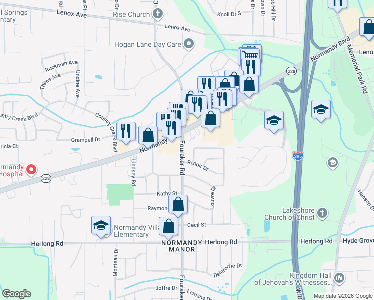 map of restaurants, bars, coffee shops, grocery stores, and more near 1653 Fouraker Road in Jacksonville