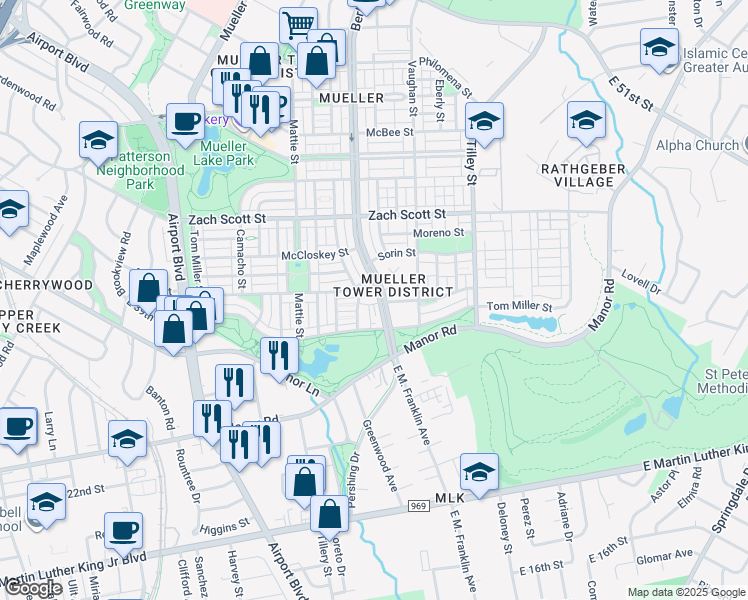 map of restaurants, bars, coffee shops, grocery stores, and more near 3917 Threadgill Street in Austin