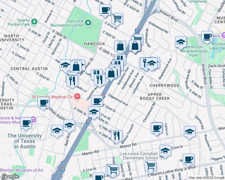 map of restaurants, bars, coffee shops, grocery stores, and more near 3309b Robinson Avenue in Austin