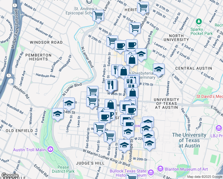 map of restaurants, bars, coffee shops, grocery stores, and more near 2606 Rio Grande Street in Austin