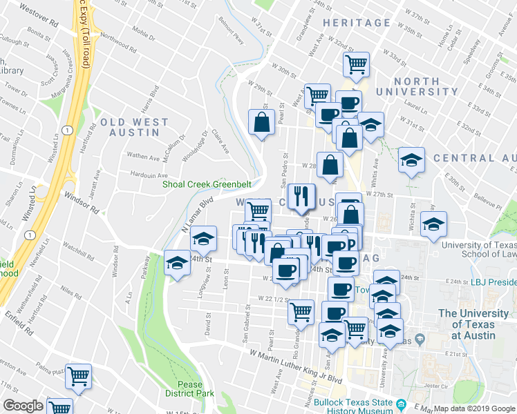 map of restaurants, bars, coffee shops, grocery stores, and more near 914 West 26th Street in Austin