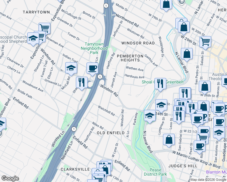 map of restaurants, bars, coffee shops, grocery stores, and more near 2314 Woodlawn Boulevard in Austin