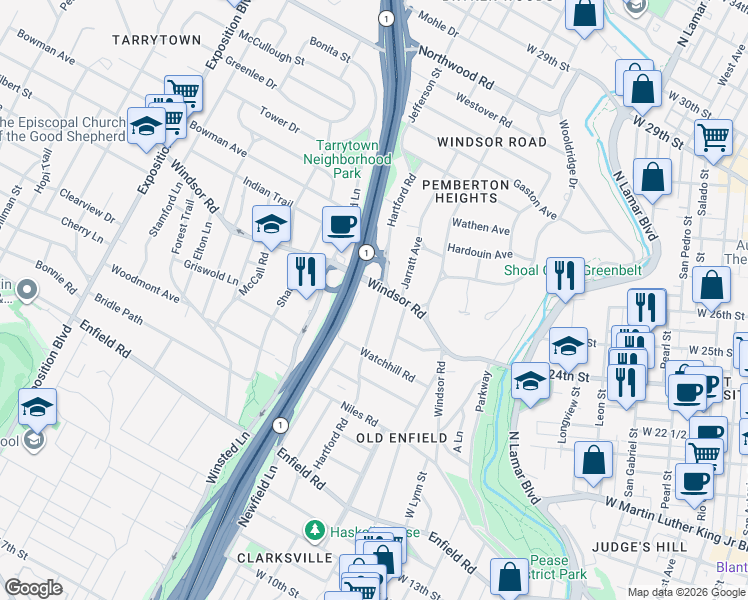 map of restaurants, bars, coffee shops, grocery stores, and more near 2322 Hartford Road in Austin
