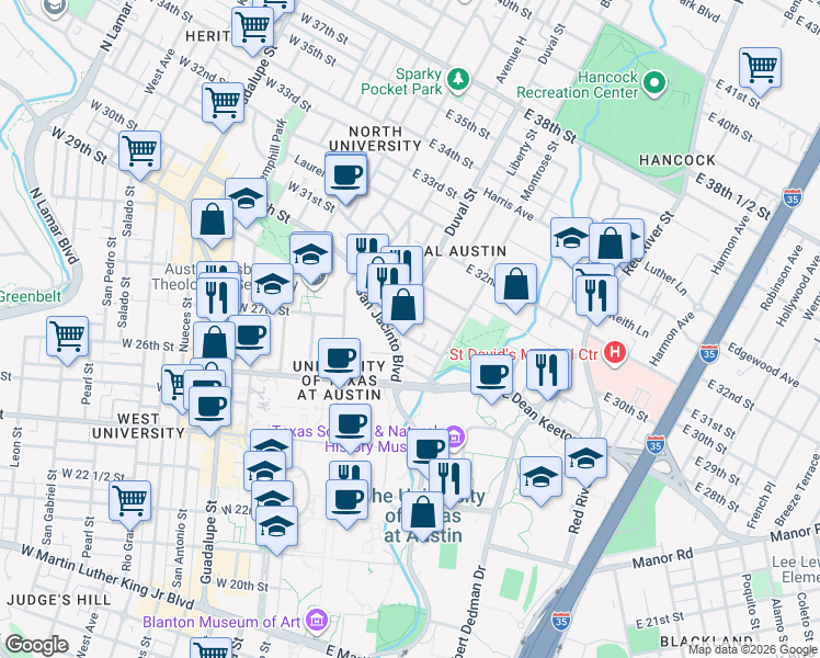 map of restaurants, bars, coffee shops, grocery stores, and more near in Austin