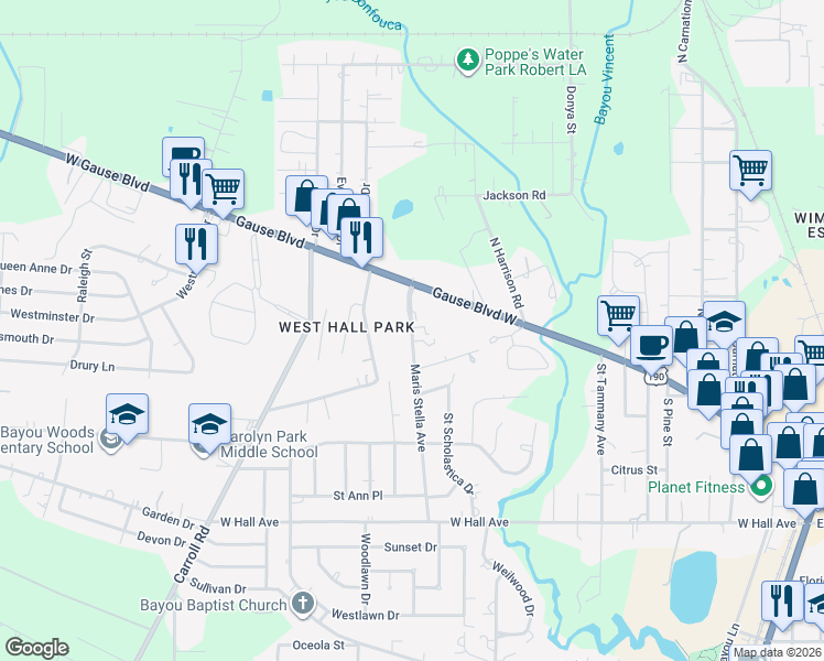map of restaurants, bars, coffee shops, grocery stores, and more near 800 Maris Stella Avenue in Slidell