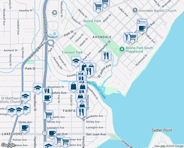 map of restaurants, bars, coffee shops, grocery stores, and more near 3991 Saint Johns Avenue in Jacksonville