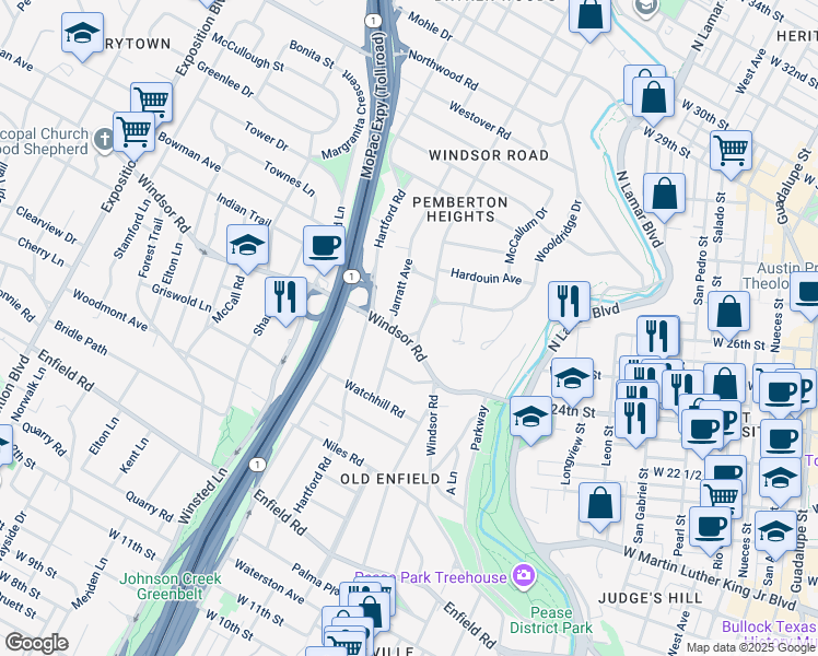map of restaurants, bars, coffee shops, grocery stores, and more near 2400 Harris Boulevard in Austin