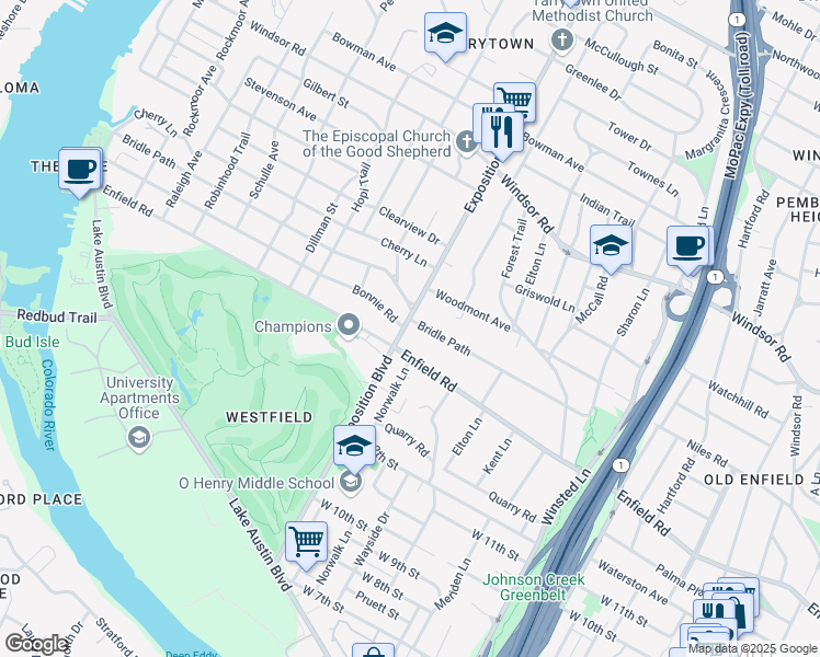 map of restaurants, bars, coffee shops, grocery stores, and more near 2617 Bridle Path in Austin