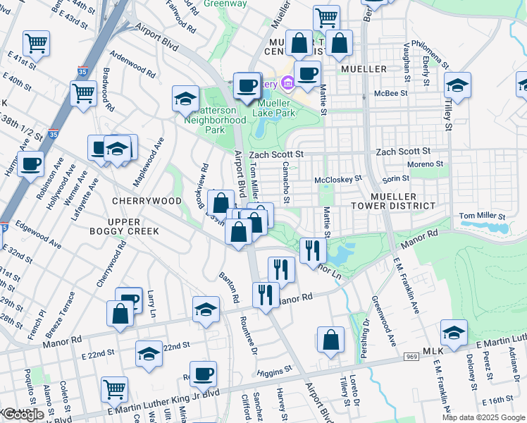 map of restaurants, bars, coffee shops, grocery stores, and more near 2300 Tom Miller Street in Austin