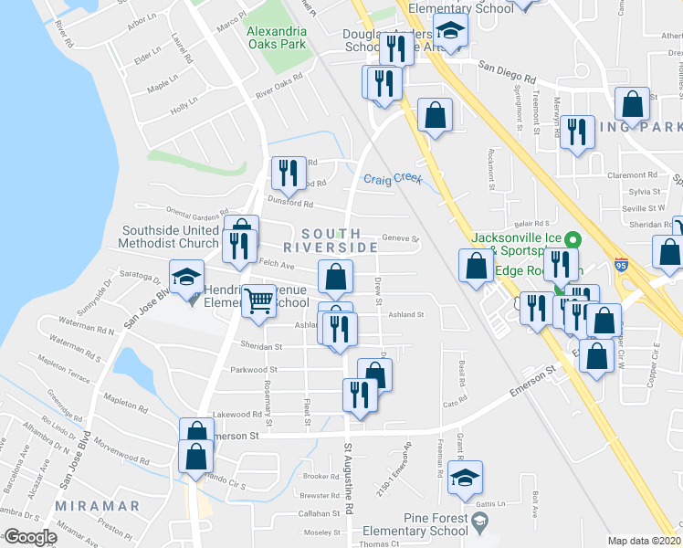 map of restaurants, bars, coffee shops, grocery stores, and more near St Augustine Rd & Felch Ave in Jacksonville