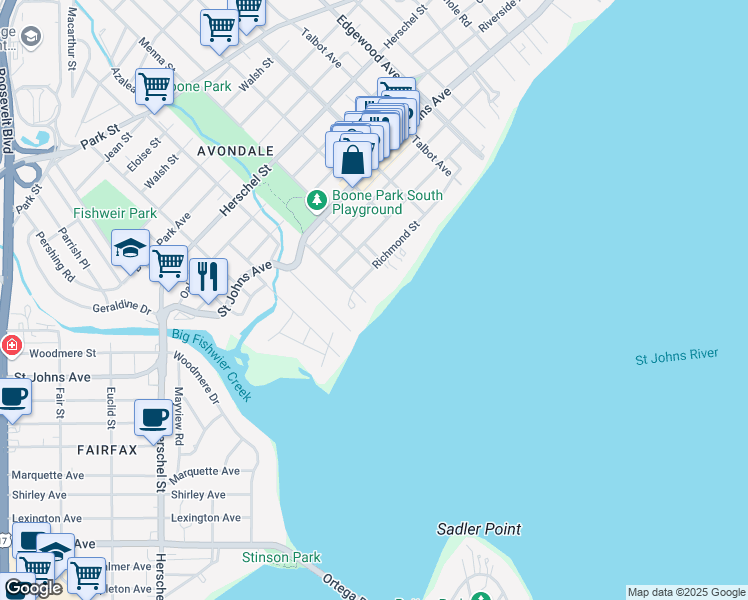 map of restaurants, bars, coffee shops, grocery stores, and more near 3730 Richmond Street in Jacksonville