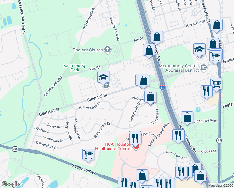 map of restaurants, bars, coffee shops, grocery stores, and more near 10 Cambridge Road in Conroe