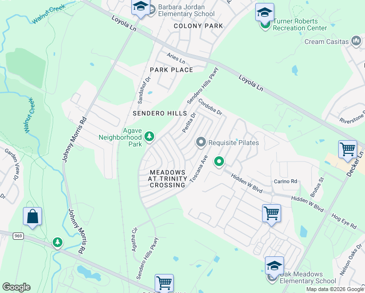map of restaurants, bars, coffee shops, grocery stores, and more near 6001 Seville Drive in Austin
