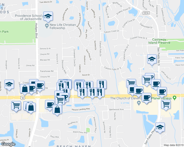 map of restaurants, bars, coffee shops, grocery stores, and more near 6275 Suni Pines Boulevard in Jacksonville