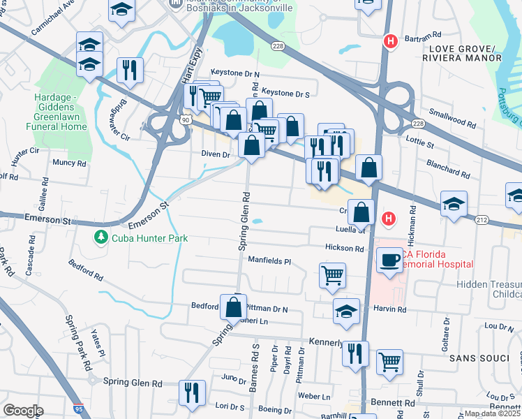 map of restaurants, bars, coffee shops, grocery stores, and more near 5444 Cruz Road in Jacksonville