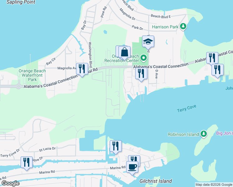 map of restaurants, bars, coffee shops, grocery stores, and more near 4441 Captain Trent Lane in Orange Beach