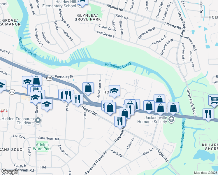 map of restaurants, bars, coffee shops, grocery stores, and more near 1716 El Camino Road in Jacksonville