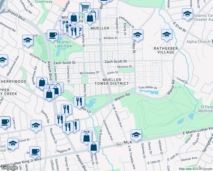 map of restaurants, bars, coffee shops, grocery stores, and more near 3917 Threadgill Street in Austin