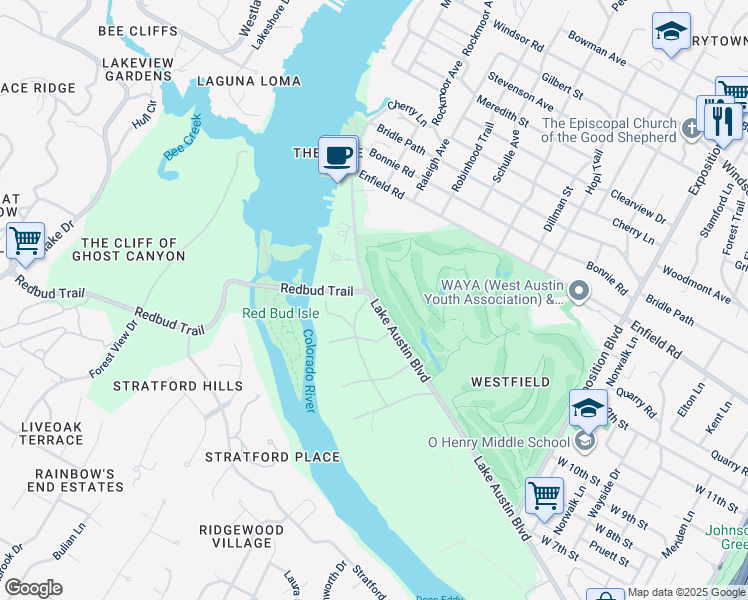 map of restaurants, bars, coffee shops, grocery stores, and more near 3574 Lake Austin Boulevard in Austin