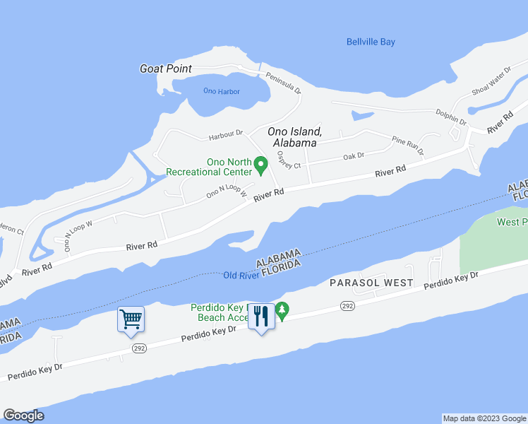 map of restaurants, bars, coffee shops, grocery stores, and more near 30974 River Road in Orange Beach