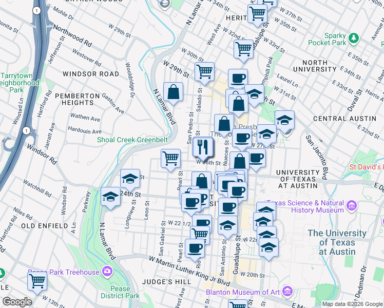 map of restaurants, bars, coffee shops, grocery stores, and more near 2604 Salado Street in Austin