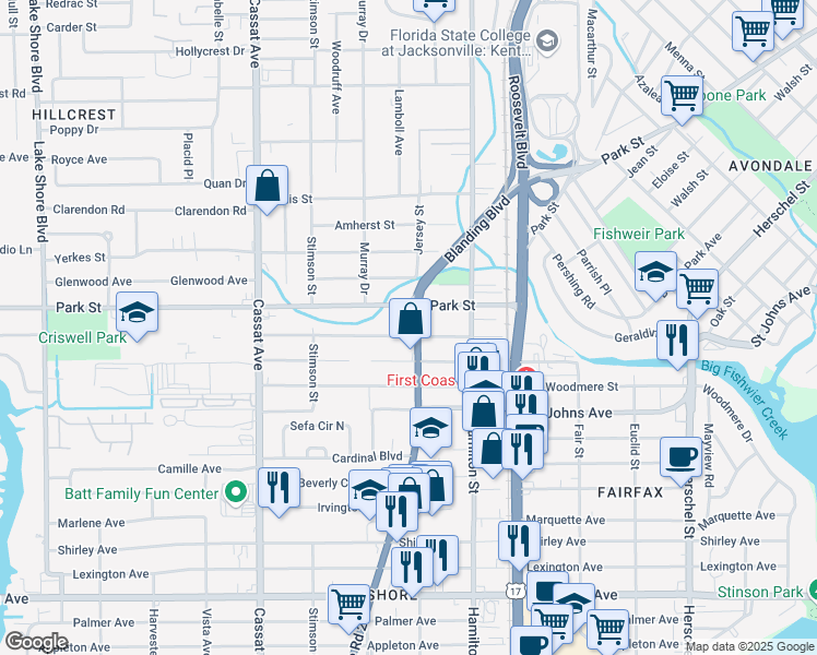 map of restaurants, bars, coffee shops, grocery stores, and more near 4609 Wheeler Ave in Jacksonville