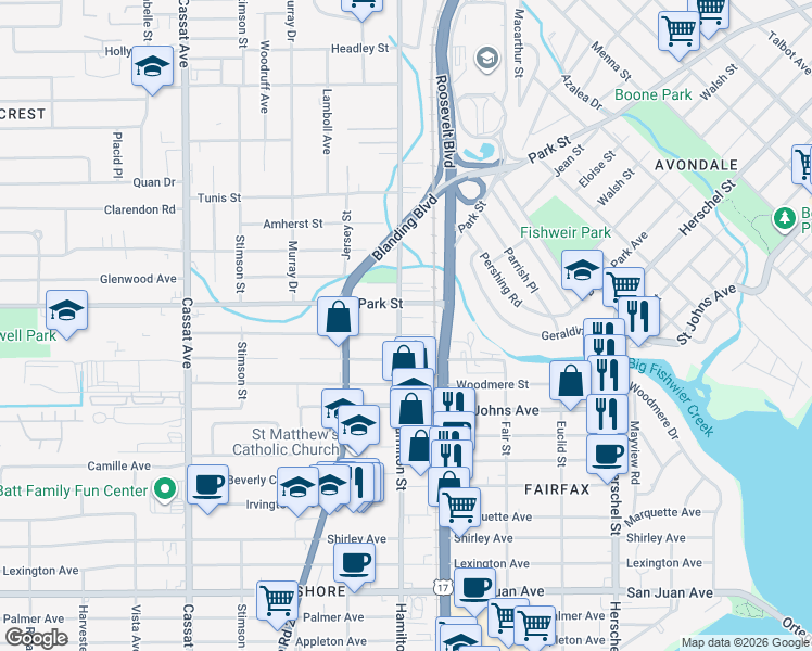 map of restaurants, bars, coffee shops, grocery stores, and more near 4525 Wheeler Avenue in Jacksonville