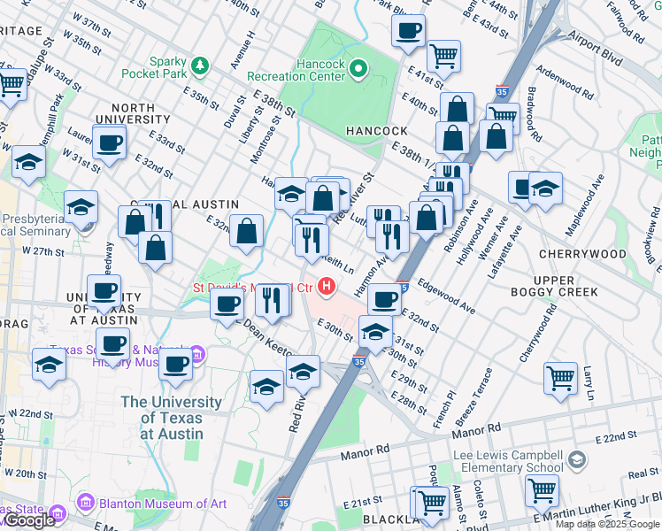 map of restaurants, bars, coffee shops, grocery stores, and more near 915 Keith Lane in Austin