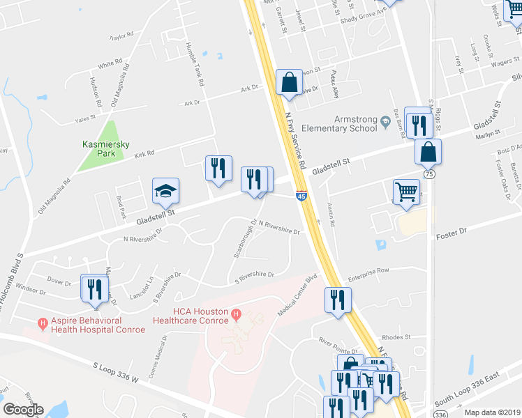map of restaurants, bars, coffee shops, grocery stores, and more near 157 Scarborough Drive in Conroe